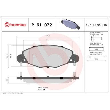 Brembo | Bremsbelagsatz, Scheibenbremse | P 61 072