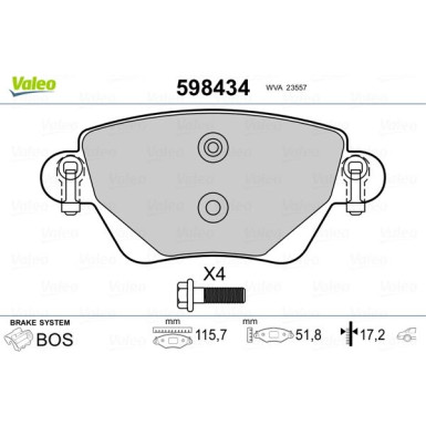 Valeo | Bremsbelagsatz, Scheibenbremse | 598434