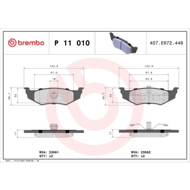 Brembo | Bremsbelagsatz, Scheibenbremse | P 11 010